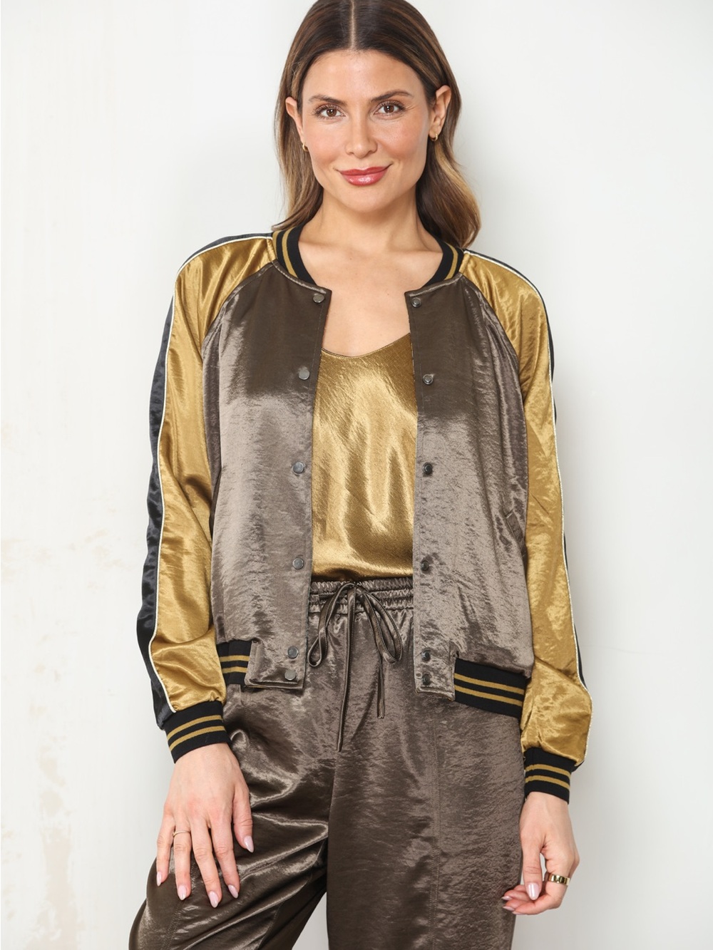 Metallic Two-Tone Bomber Jacket in Gold and Bronze